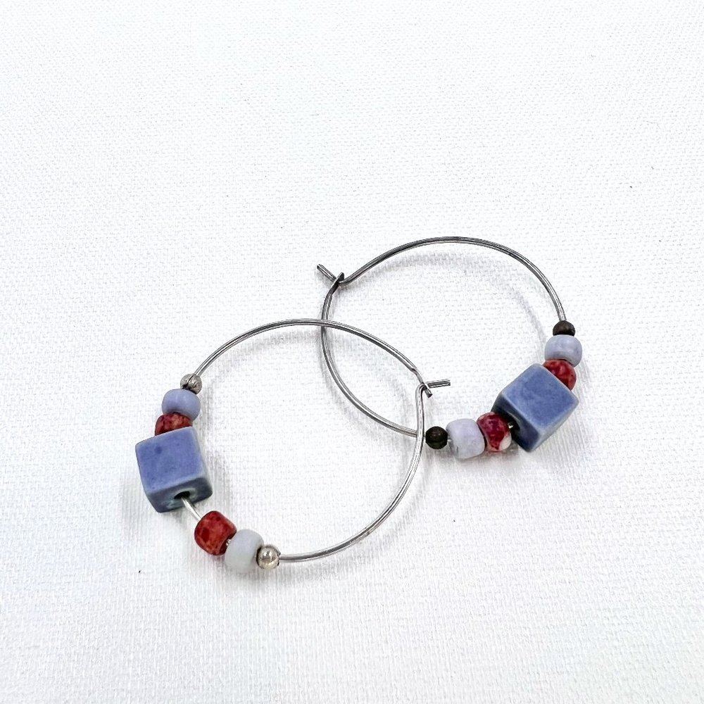 BOHO Inspired Blue & Red Beaded Silver Tone Hoop Earrings